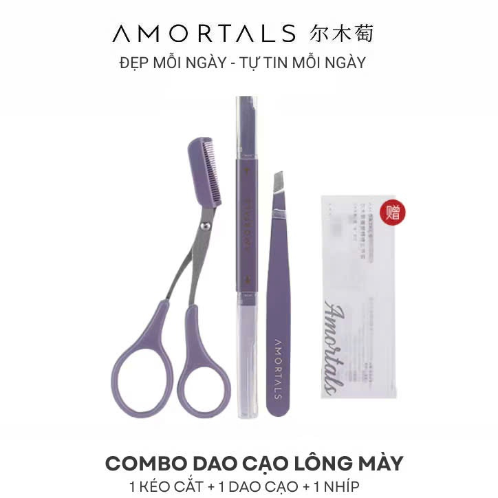 Bộ 3 dụng cụ dao kéo cắt tỉa lông mày Amortals (gồm Kéo cắt lông mày 1 cây + dao tỉa lông mày 2 đầu 1 cây + nhíp lông mày 1 cây)