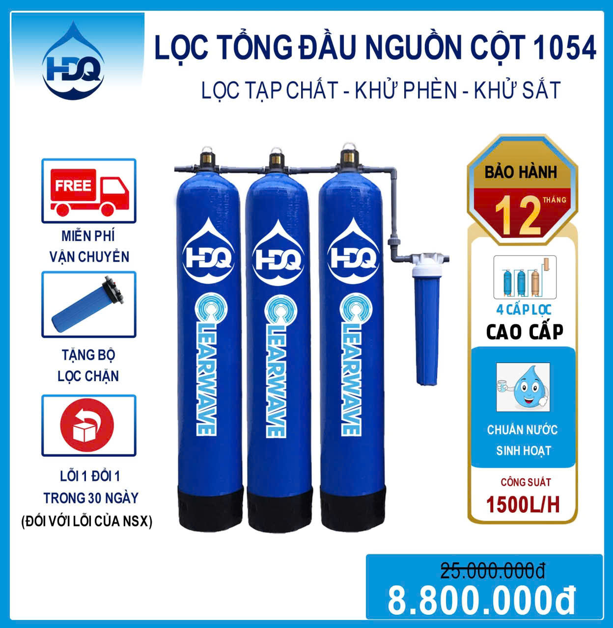 Hệ Thống Lọc Nước Tổng 3 Cột Composite Clearwave T1000-3CP2R