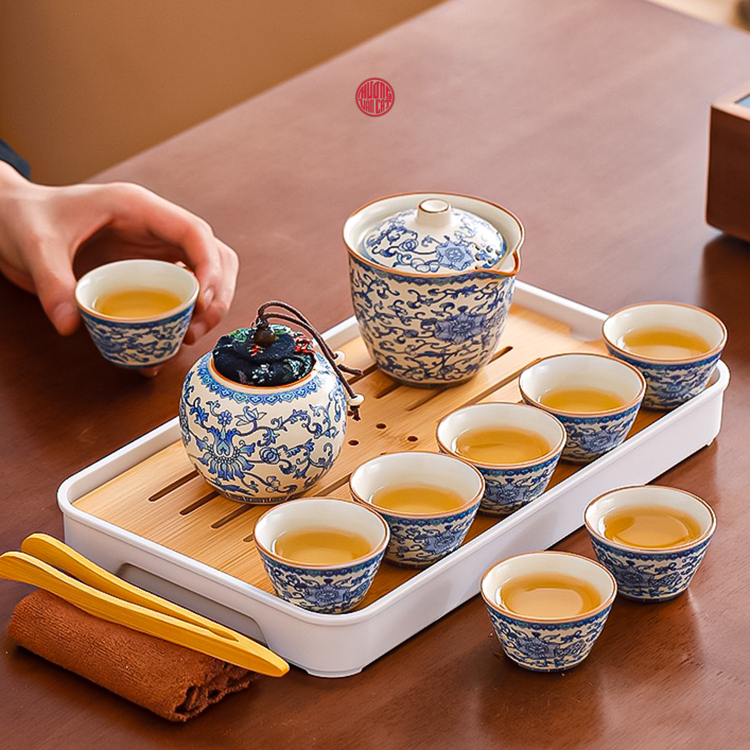 QUÀ TẶNG BỘ ẤM TRÀ DU LỊCH ĐẦY ĐỦ  ( Túi vải xanh )