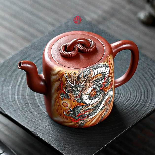 Ấm tử sa song quyến lão tử nê vẽ rồng đẹp 300ml Trương Tiểu Lĩnh