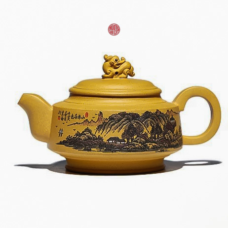 Ấm tử sa lão đoàn nê vẽ sơn thủy Vương Hiến Hải 320ml