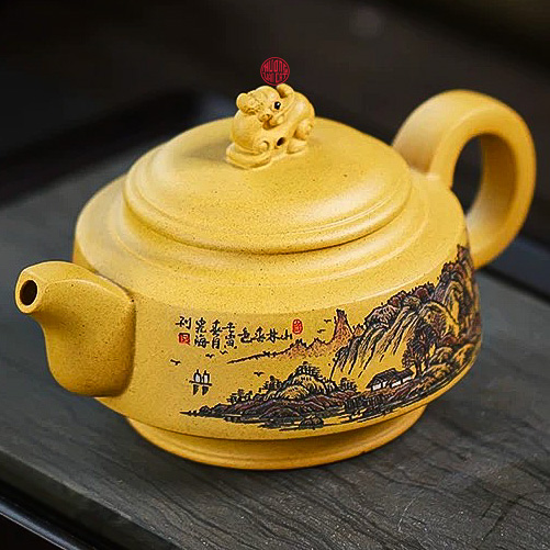 Ấm tử sa lão đoàn nê vẽ sơn thủy Vương Hiến Hải 320ml