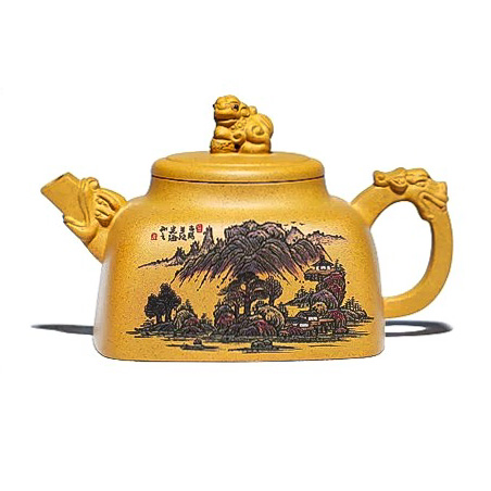 Ấm tử sa tứ phương tì hưu lão đoàn nê vẽ sơn thủy Vương Hiến Hải 320ml