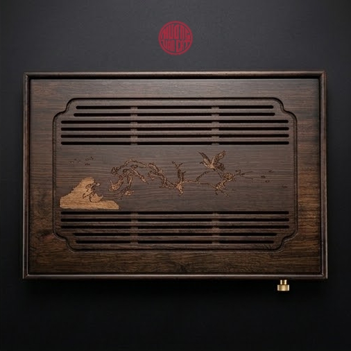 KHAY TRÀ TRE MÀU ĐEN KHẮC CÂY KIỂNG ( 40x27,5x5,7 cm )