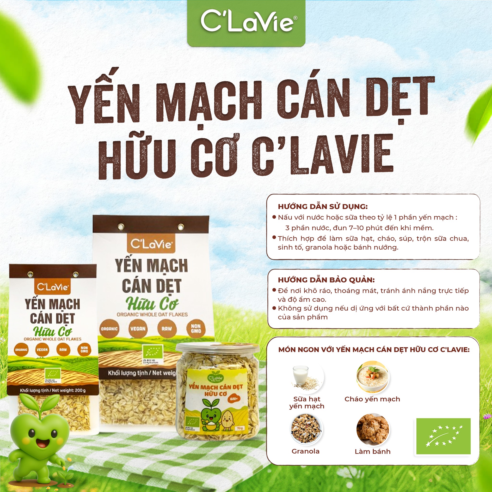 Yến Mạch cán dẹt hữu cơ C Lavie 450gr ( Túi)