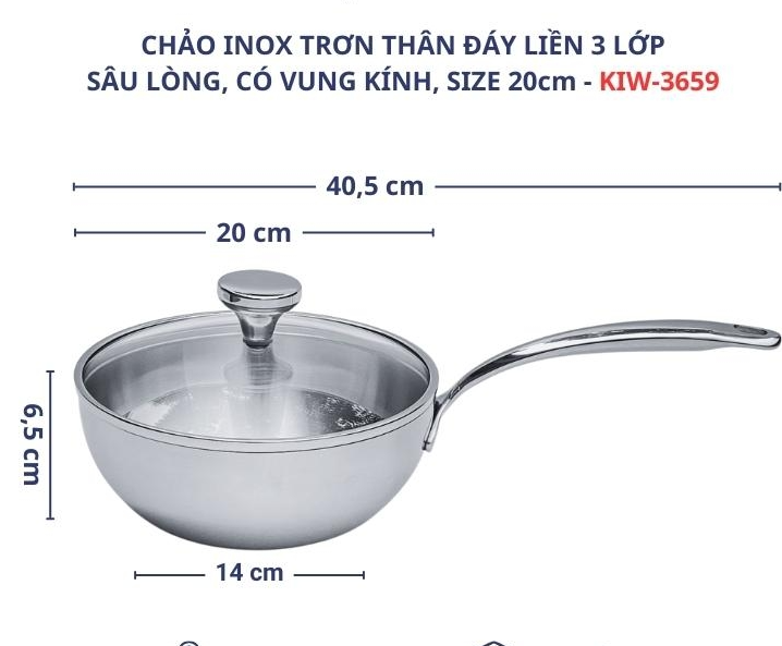 CHẢO ĐÚC INOX SÂU LÒNG 3 LỚP KAIYO VUNG KÍNH 20CM