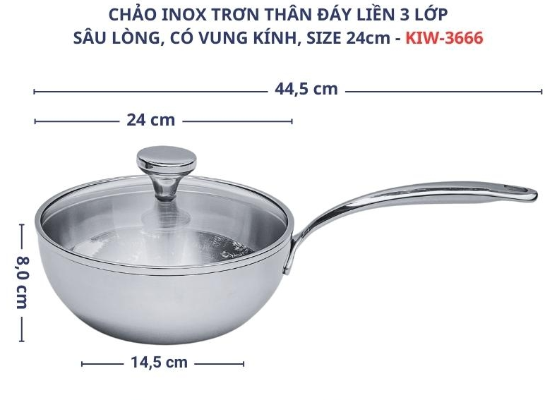 CHẢO ĐÚC INOX SÂU LÒNG 3 LỚP KAIYO VUNG KÍNH 24CM