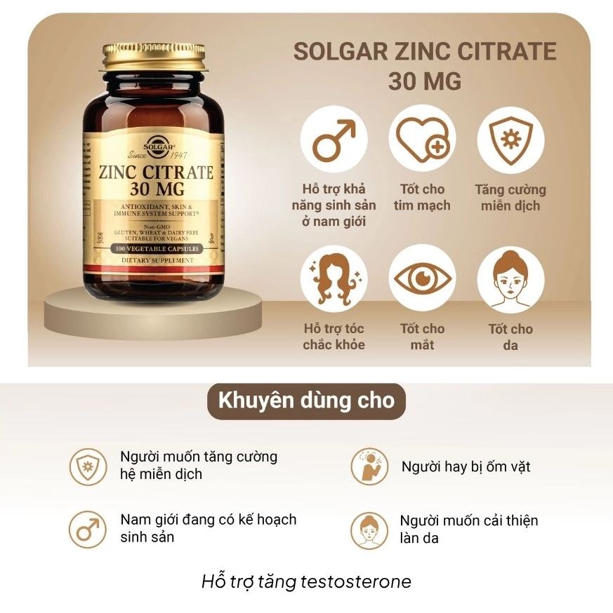 Zinc Citrate 30mg ( Kẽm Hữu Cơ Solgar hỗ trợ tăng đề kháng 100v ( Hộp )