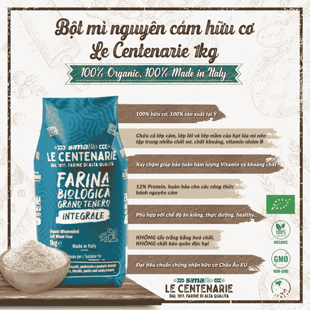Bột mì Nguyên Cám hữu cơ Sima Bio 1kg ( Túi)
