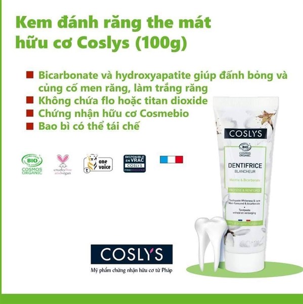 Kem đánh răng trắng răng bạc hà hữu cơ Coslys 100gr