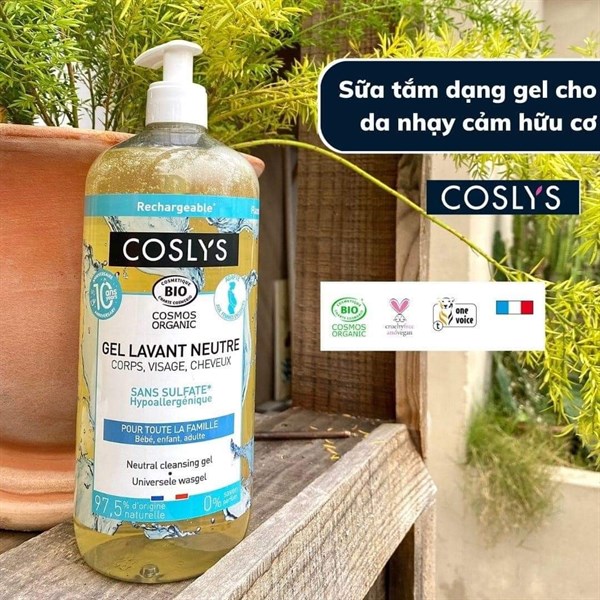 SỮA TẮM dạng gel cho DA NHẸ CẢM hữu cơ Coslys 1 L