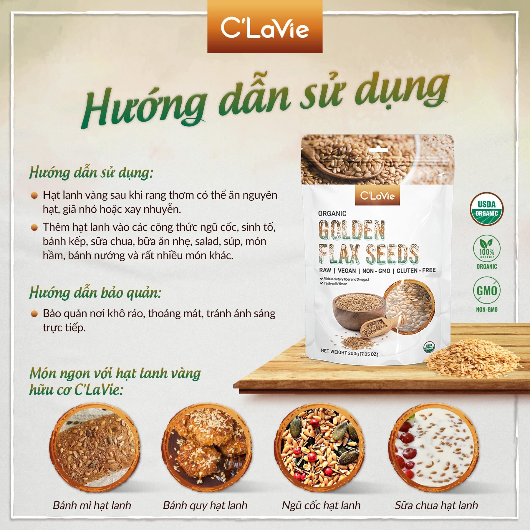 Hạt Lanh Vàng Hữu Cơ C'Lavie 200g  ( Gói)