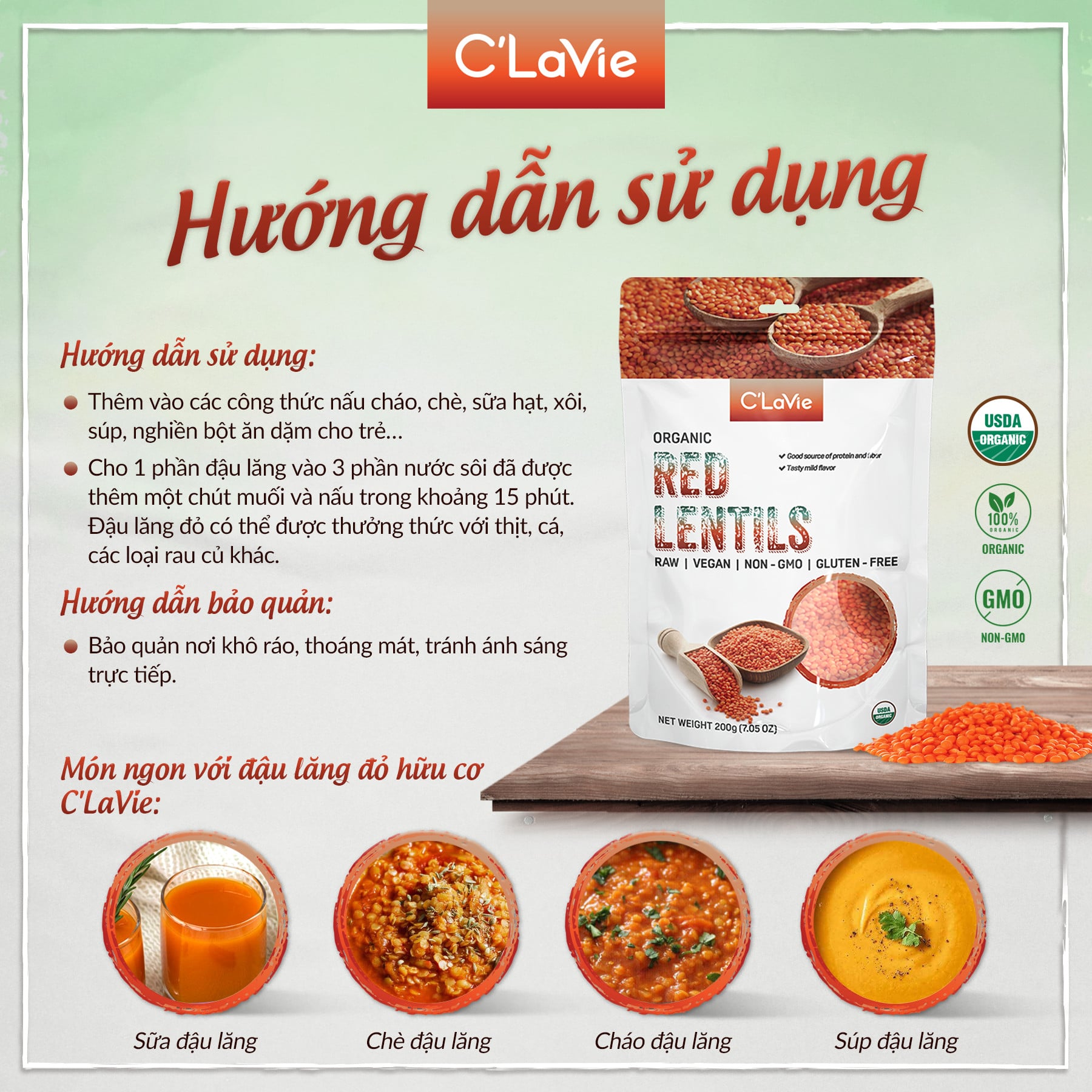 Đậu Lăng Đỏ Hữu Cơ C'Lavie 200gr ( Gói)