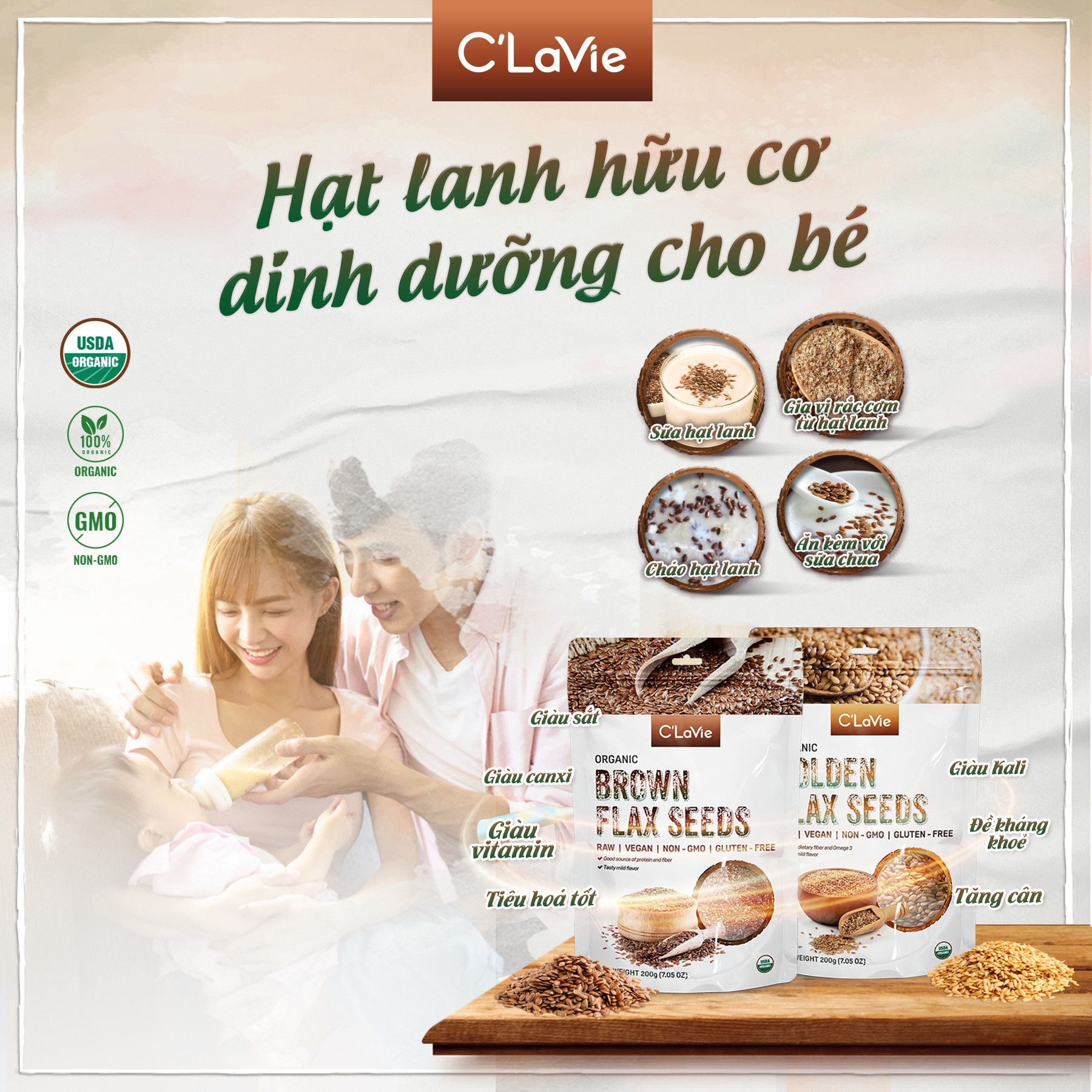 Hạt Lanh Nâu Hữu Cơ C'Lavie 200gr ( Gói)