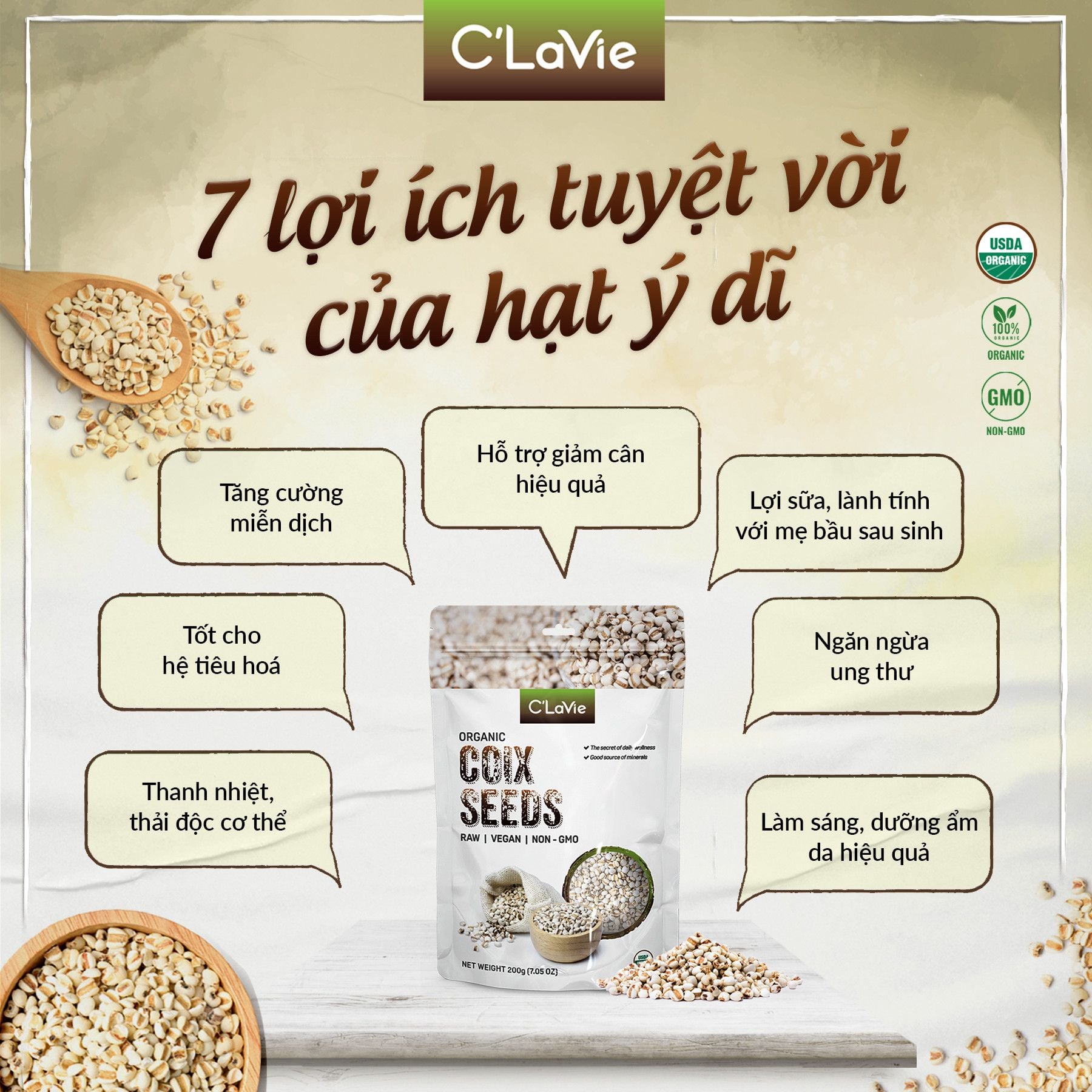 Hạt Ý Dĩ Hữu Cơ C'Lavie 200gr ( Gói)