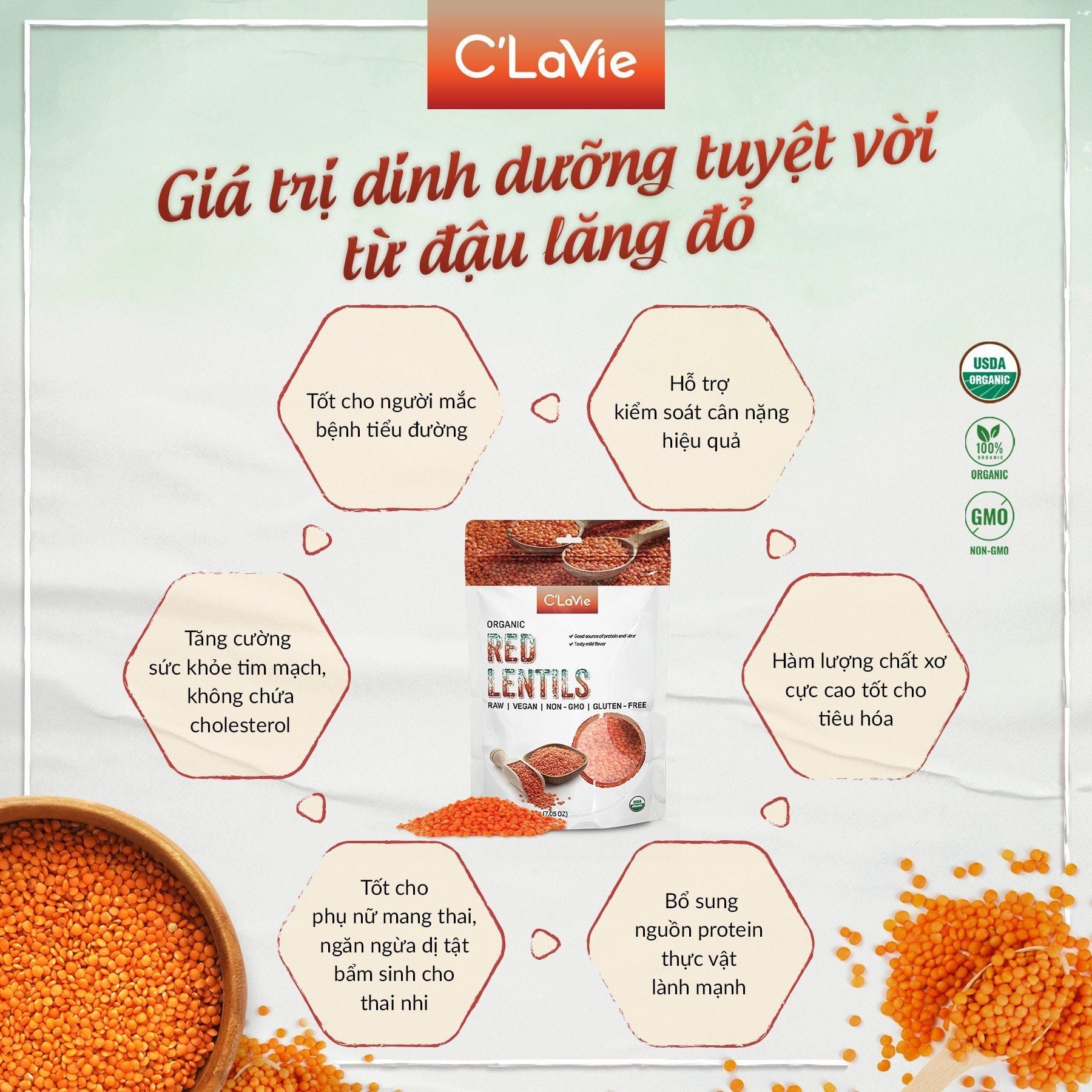 Đậu Lăng Đỏ Hữu Cơ C'Lavie 200gr ( Gói)