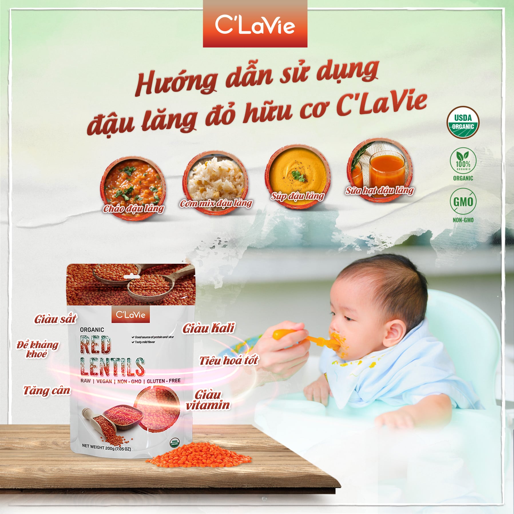 Đậu Lăng Đỏ Hữu Cơ C'Lavie 200gr ( Gói)