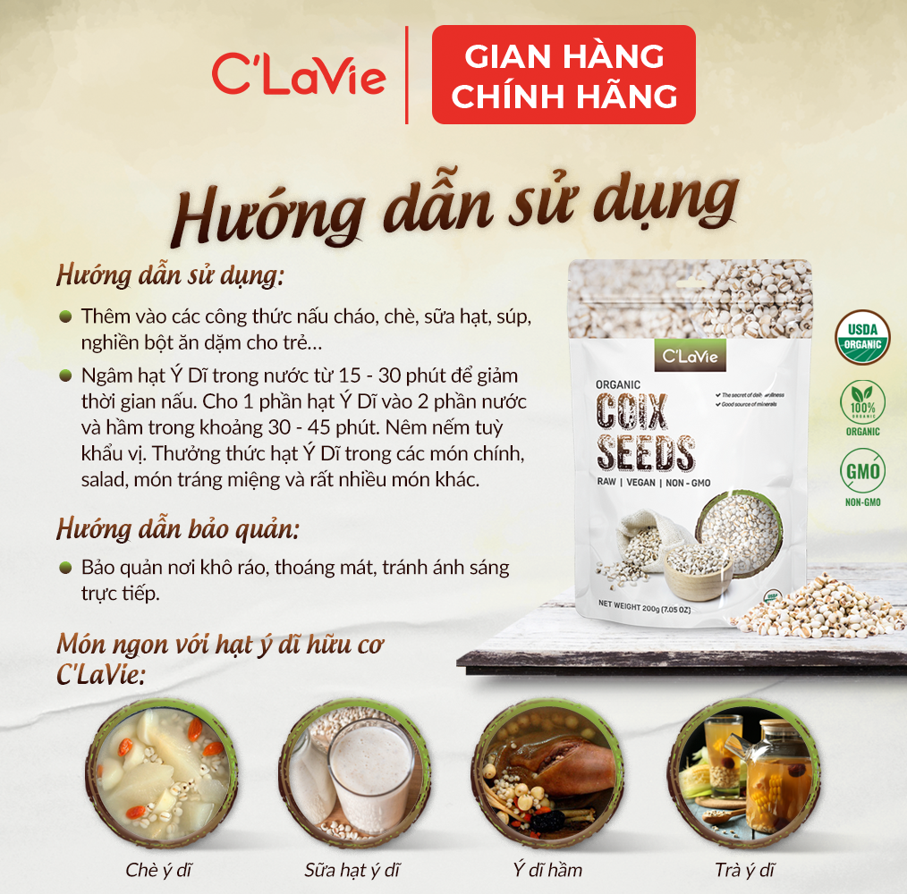 Hạt Ý Dĩ Hữu Cơ C'Lavie 200gr ( Gói)