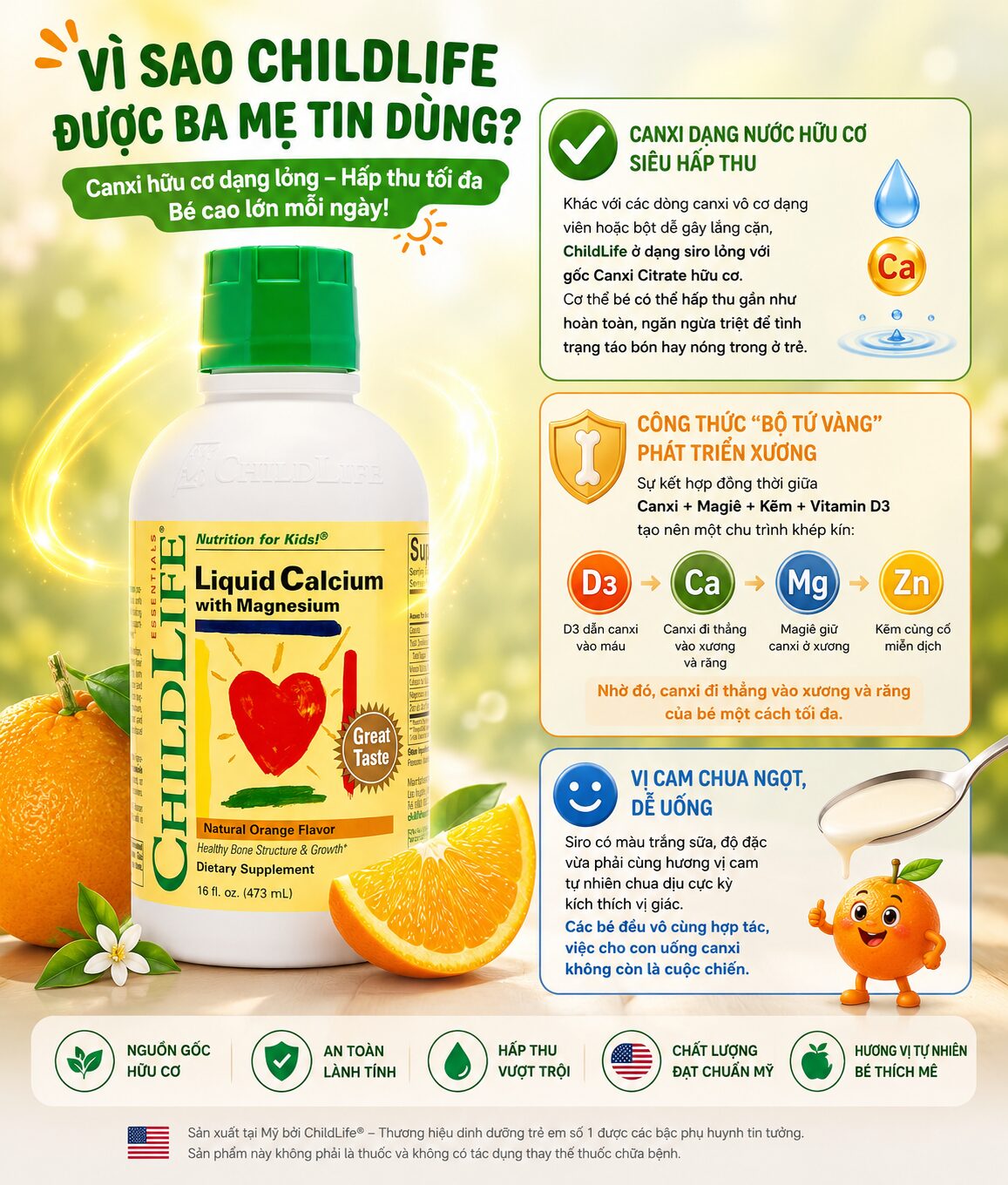 Thực phẩm bảo vệ sức khỏe ChildLife Liquid Canxi with Magie D3 Kẽm 473ml ( Chai )