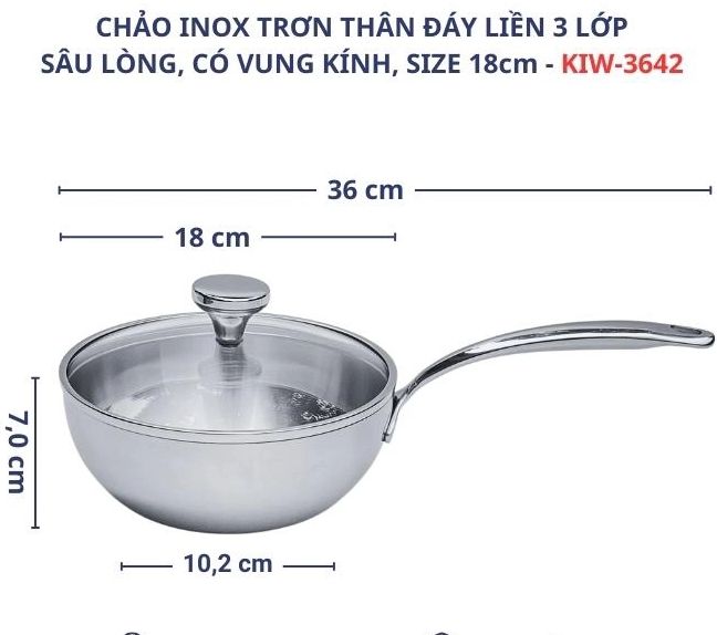 CHẢO ĐÚC INOX SÂU LÒNG 3 LỚP KAIYO VUNG KÍNH 18CM