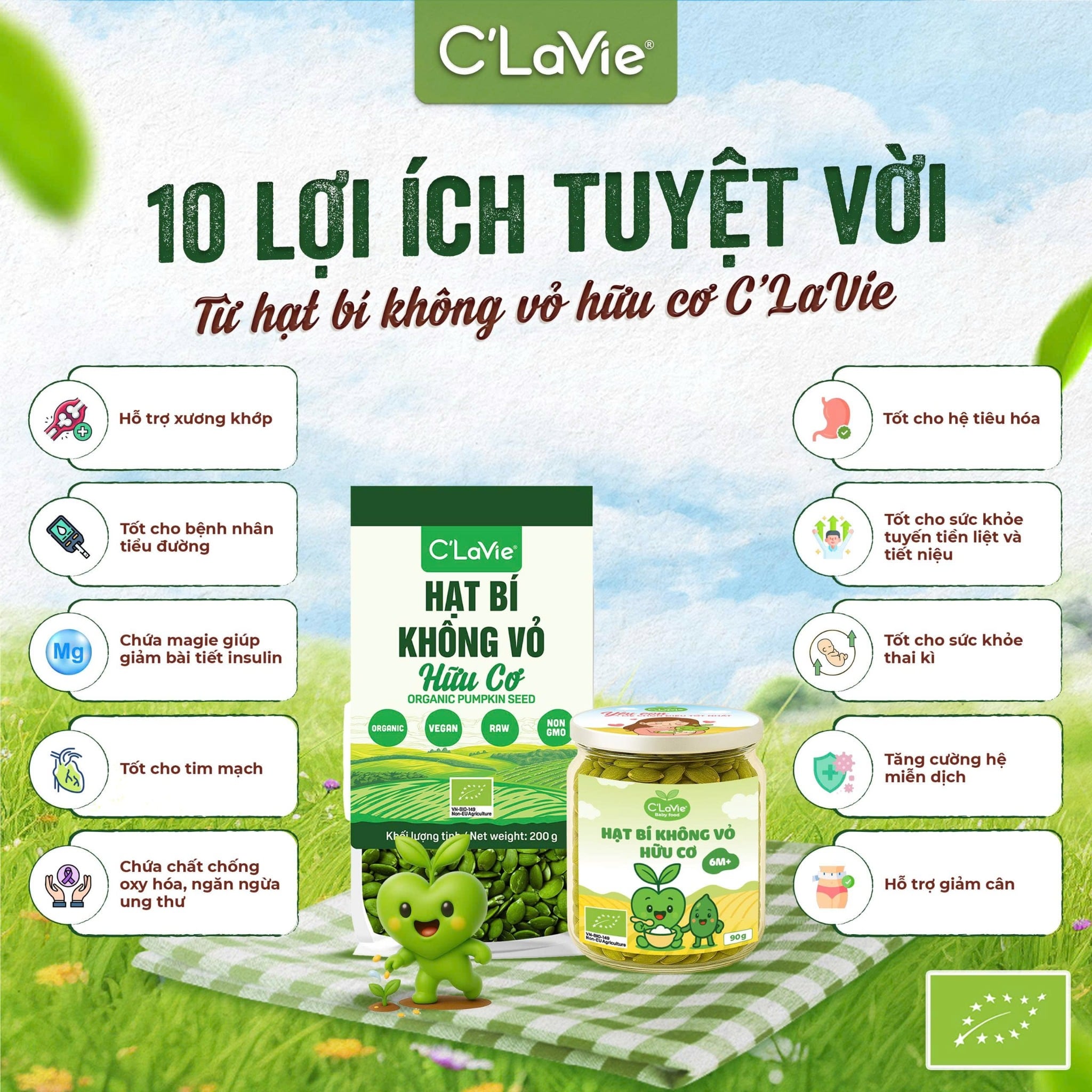 Hạt Bí Hữu Cơ Đã Tách Vỏ C'Lavie 200gr ( Túi)
