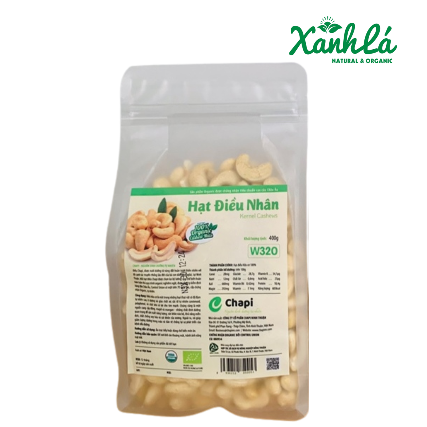 Hạt Điều Hữu cơ nguyên 400gr ( Túi )