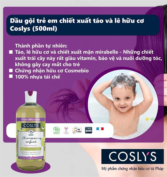 DẦU GỘI TRẺ EM CHIẾT XUẤT TÁO VÀ LÊ HỮU CƠ COSLYS 500ml