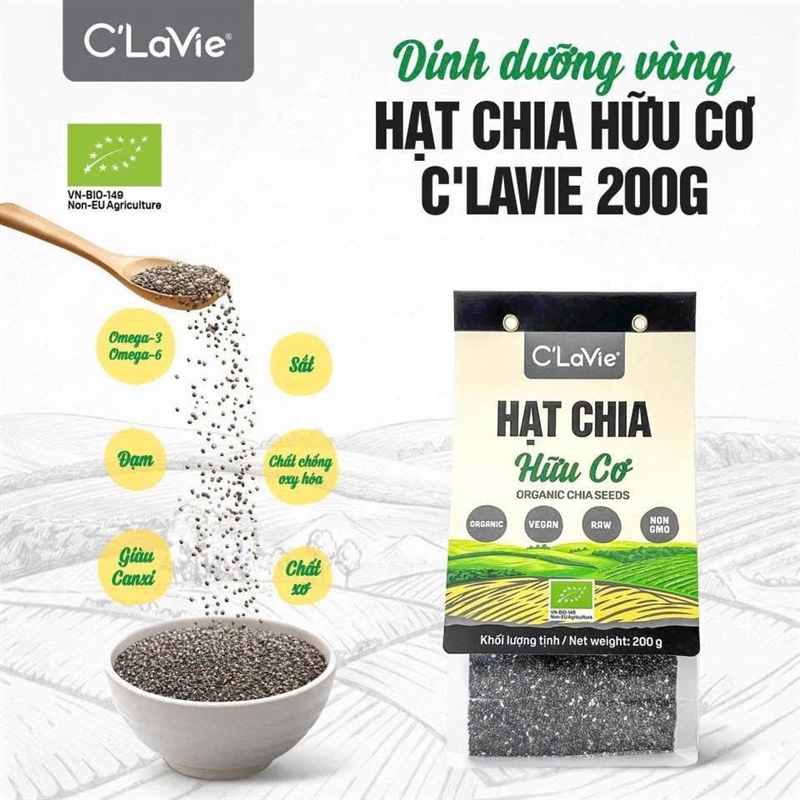 Hạt Chia Hữu Cơ Clavie đóng túi 200gr