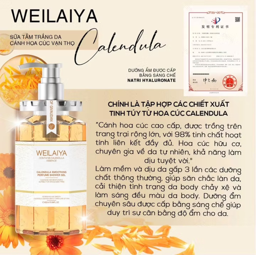 Sữa tắm tinh chất hoa cúc Weilaiya 450ml (WEILAIYA CALENDULA SKIN BEAUTIFYING ESSENCE SHOWER GEL)