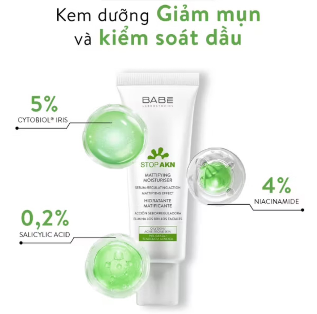 KEM DƯỠNG GIÚP LÀM GIẢM MỤN VÀ CÂN BẰNG LƯỢNG DẦU TRÊN DA LABORATORIOS BABE - STOP AKN MATTIFYING FLUID ( MỚI )