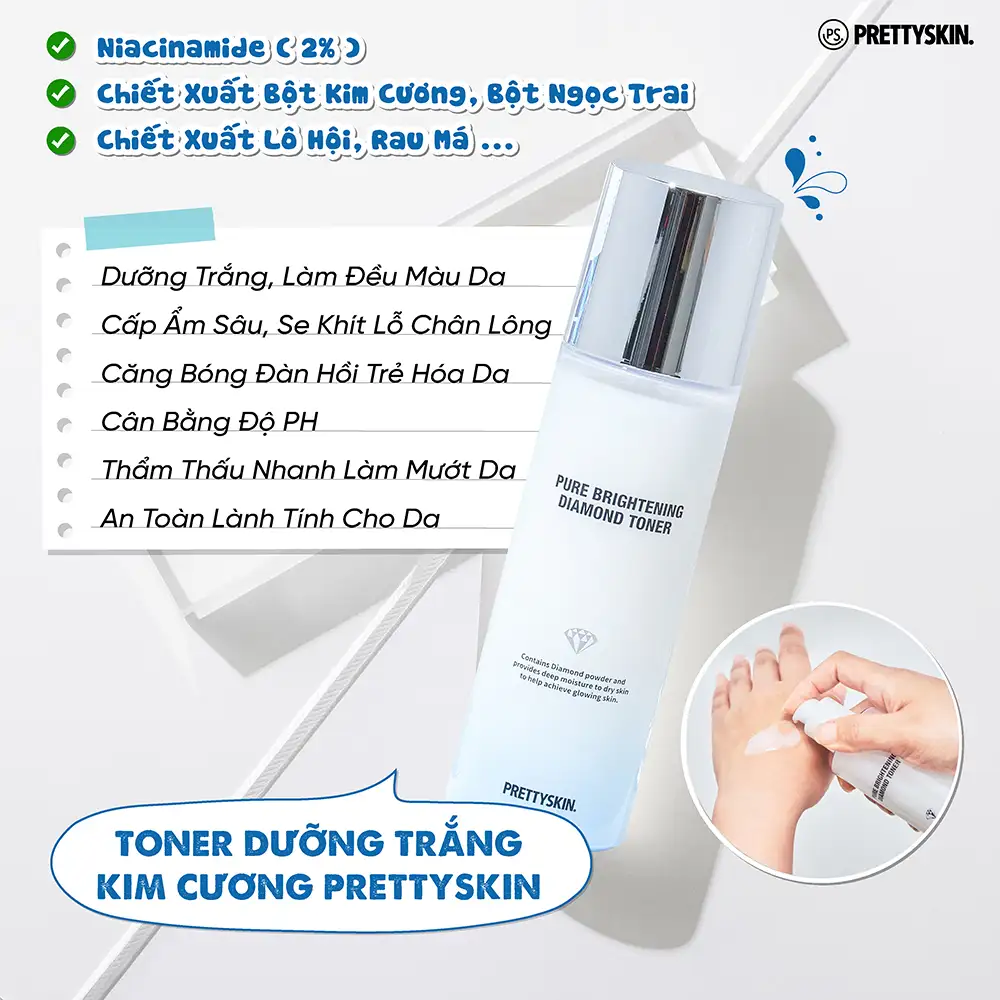 Nước hoa hồng dưỡng trắng diamond (PRETTYSKIN PURE BRIGHTENING DIAMOND TONER), dung tích 150ml .hiệu PRETTYSKIN