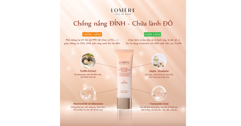 KEM CHỐNG NẮNG PHỔ RỘNG TRẮNG DA LOMERE CHIẾT XUẤT TỪ NẤM CỤC