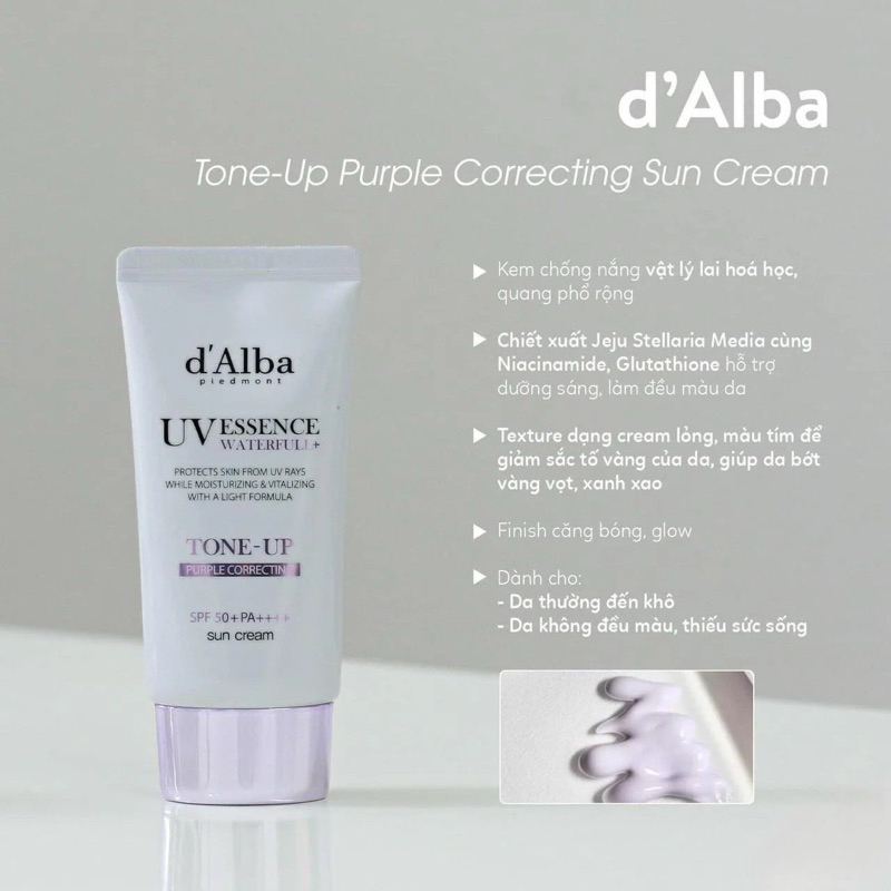 Kem Chống Nắng Nâng Tone 50ml (d'Alba Waterfull Tone-Up Sun Cream Purple SPF50+ PA+ + + + 50ml )