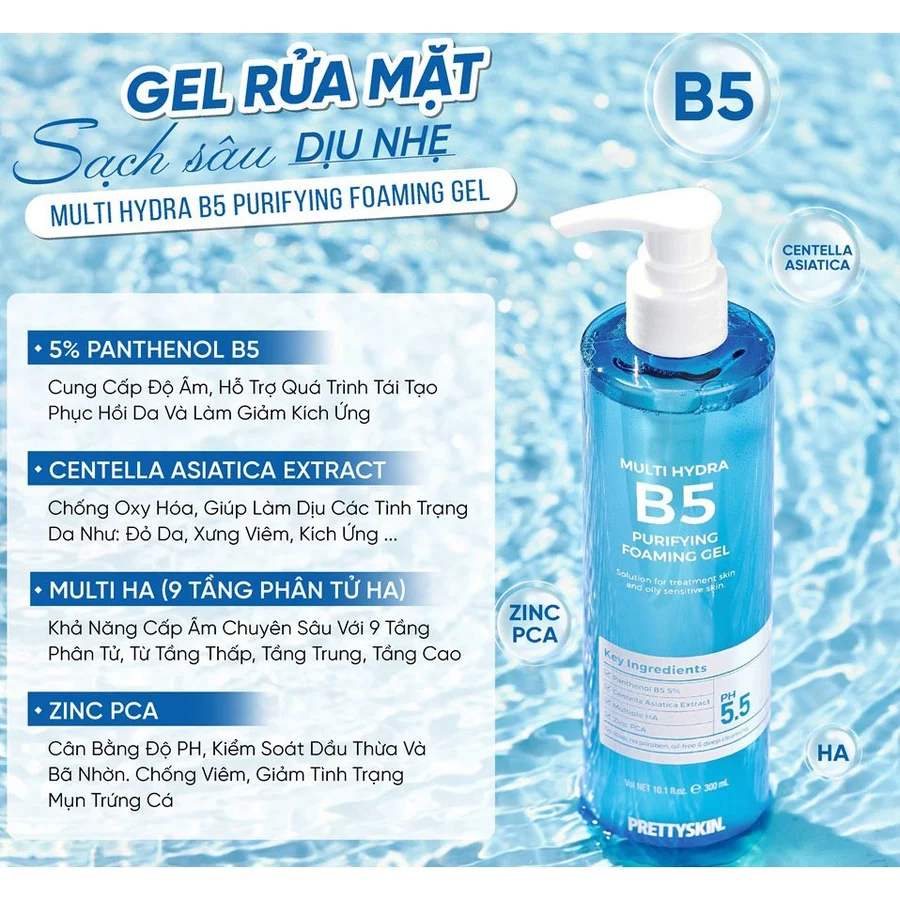 Sữa rửa mặt sạch sâu, phục hồi, cấp ẩm (PRETTYSKIN MULTI HYDRA B5 PURIFYING FOAMING GEL) dung tích: 300 ml, dạng chai lọ, hiệu PRETTYSKIN