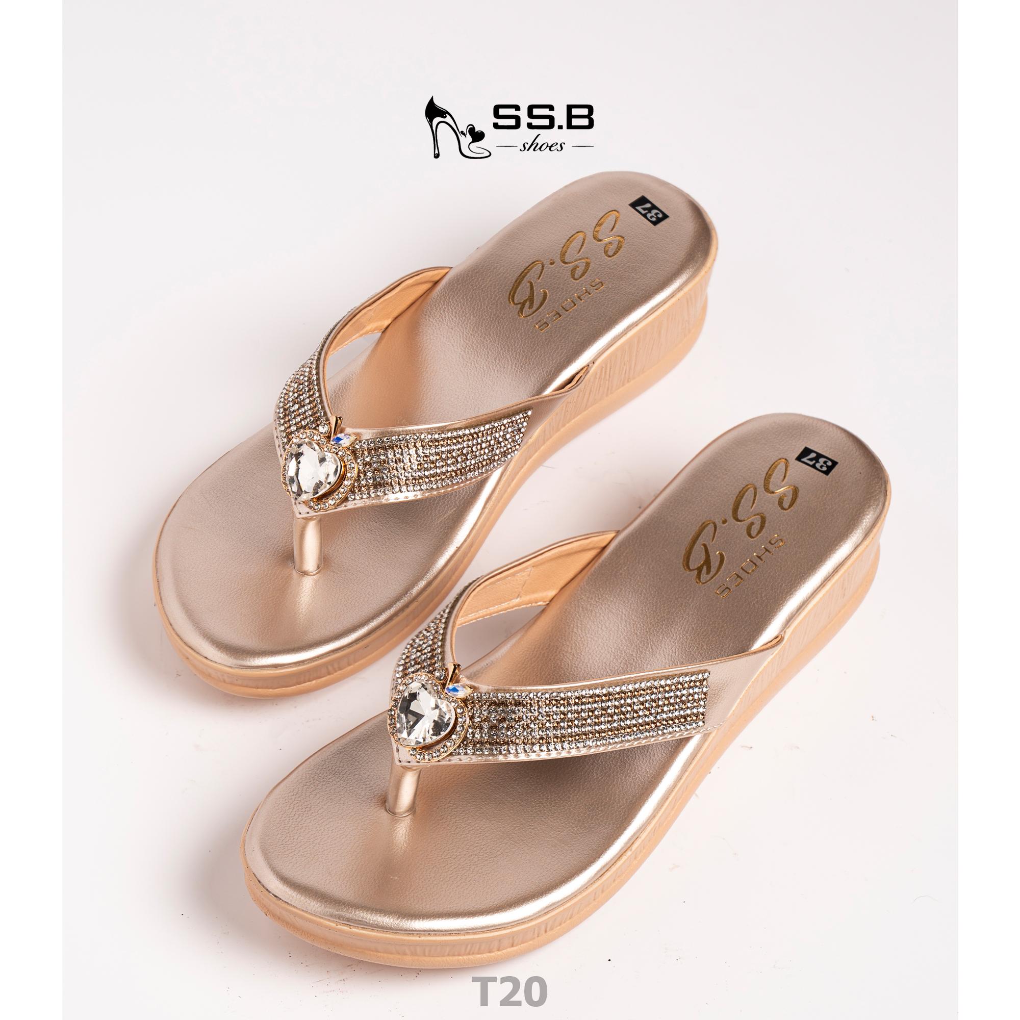 Dép nữ trung niên đế xuồng quai kẹp, đính xoàn đá, đế cao 5 cm êm nhẹ không trơn trượt-T20
