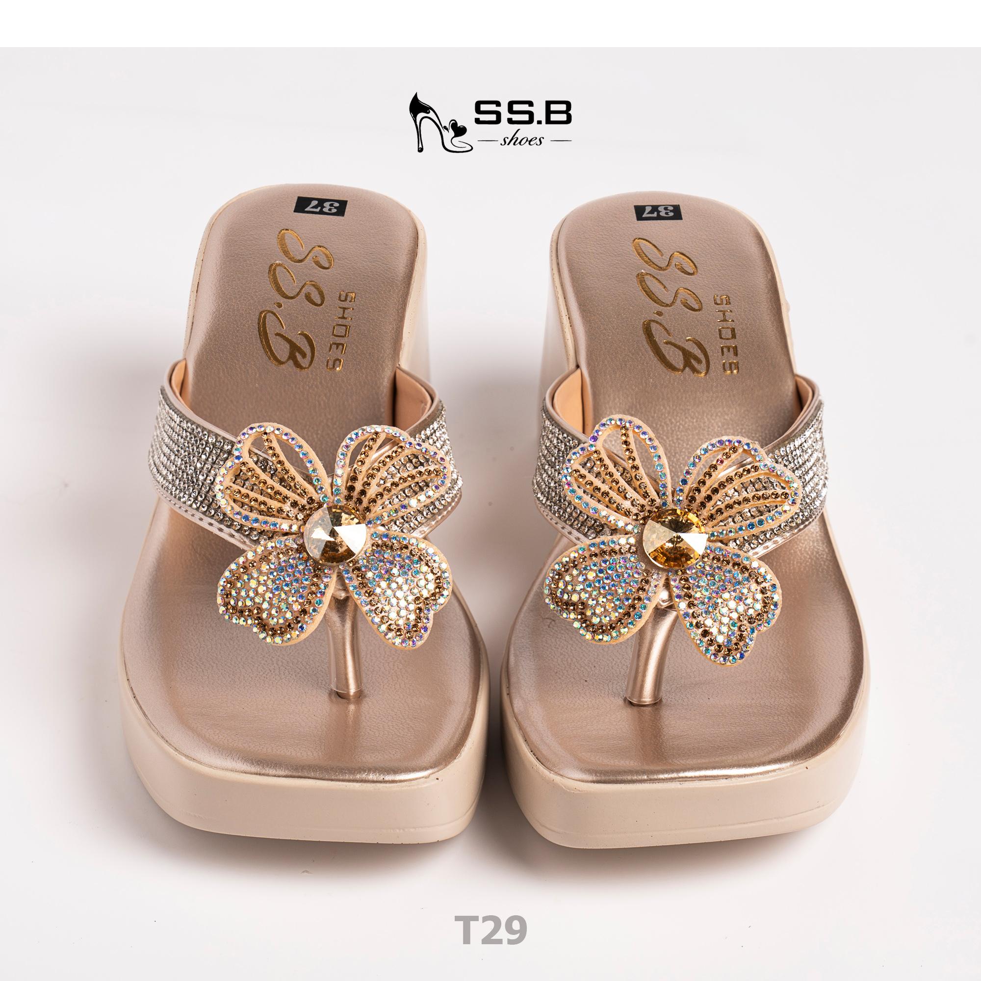 Dép nữ trung niên đế xuồng quai kẹp, bông xoàn đá,đế êm chống trượt, cao 7cm tôn dáng-T29