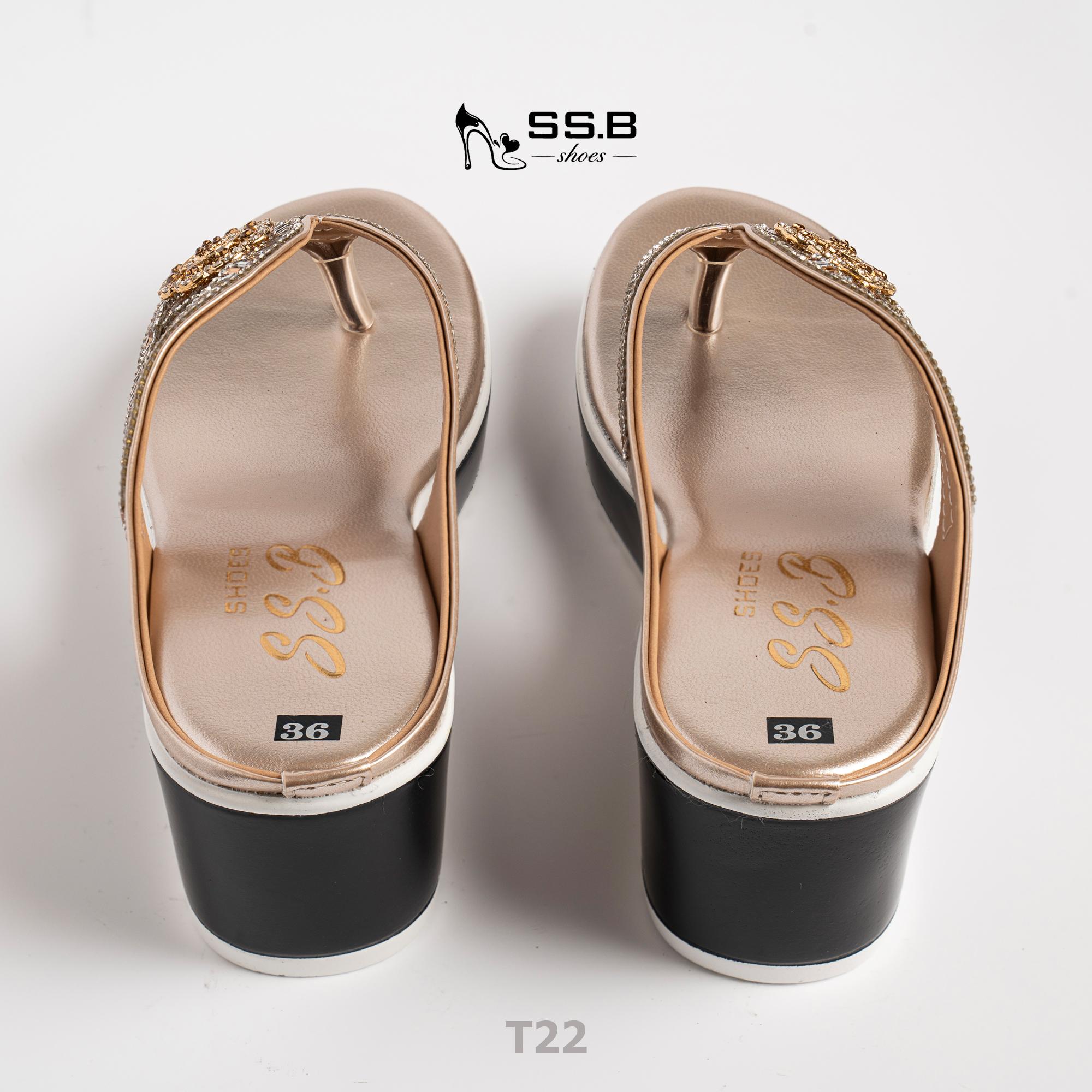 Dép nữ trung niên đế xuồng quai kẹp vế dài đính đá lấp lánh, đế xuồng đúc cao 6cm êm chân-T22