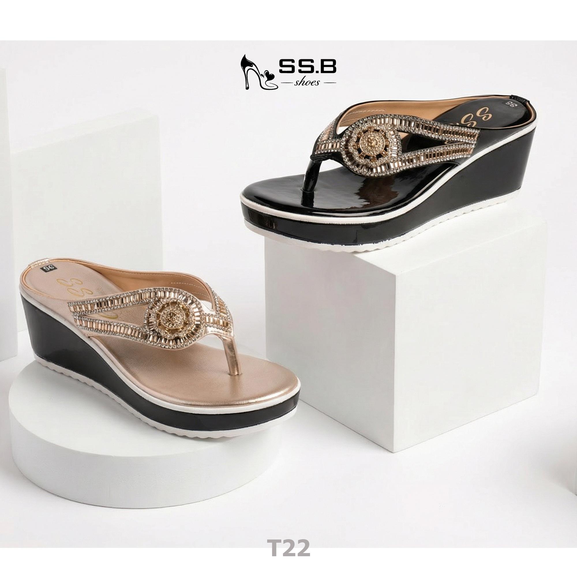 Dép nữ trung niên đế xuồng quai kẹp vế dài đính đá lấp lánh, đế xuồng đúc cao 6cm êm chân-T22