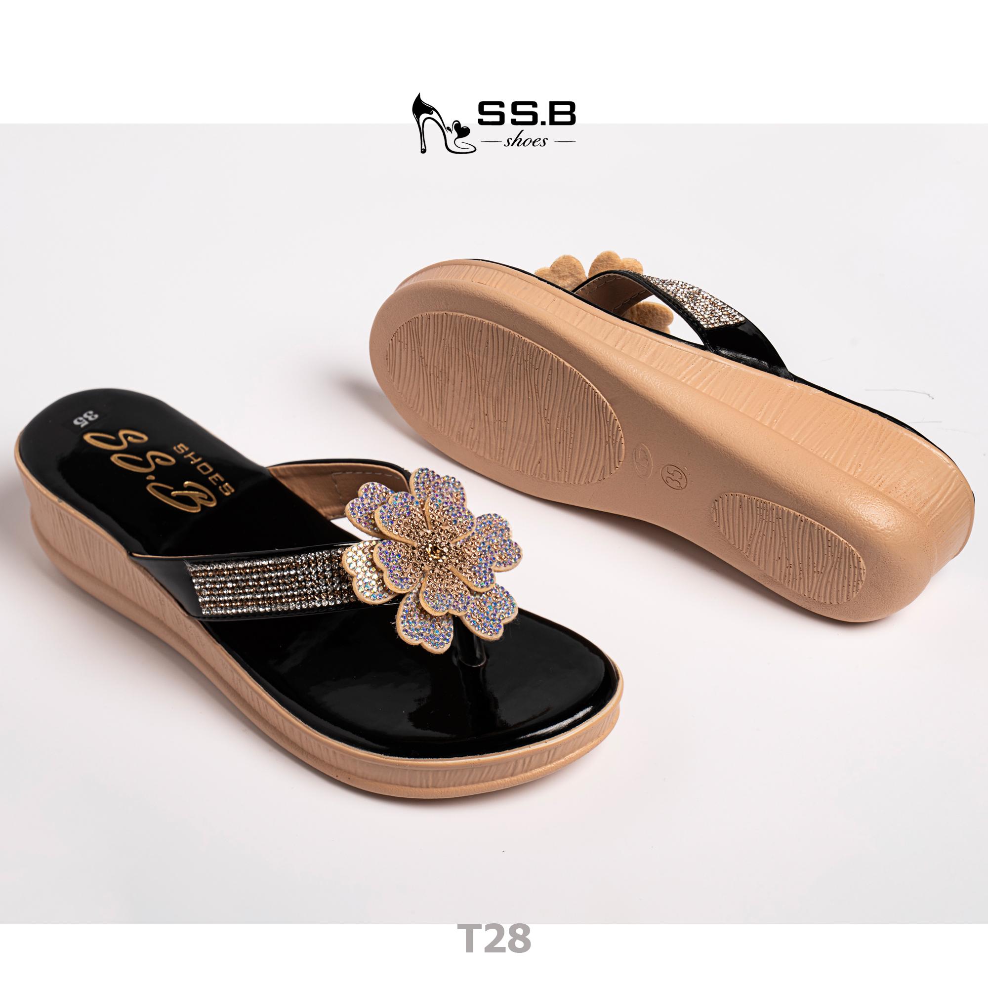 Dép nữ trung niên đế xuồng quai kẹp đính bông xinh, đế xuồng bánh mì cao 5cm, nhẹ êm-T28