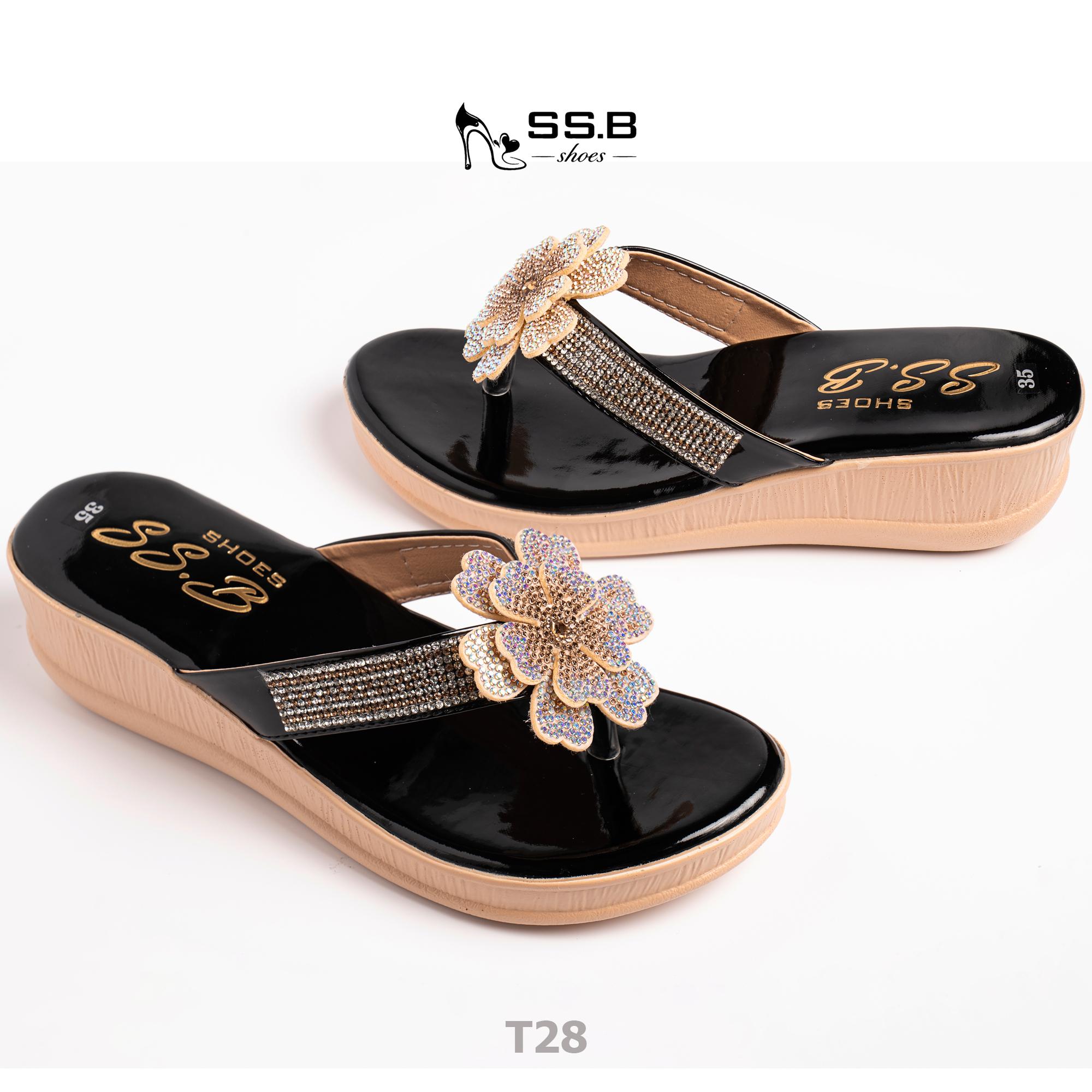 Dép nữ trung niên đế xuồng quai kẹp đính bông xinh, đế xuồng bánh mì cao 5cm, nhẹ êm-T28