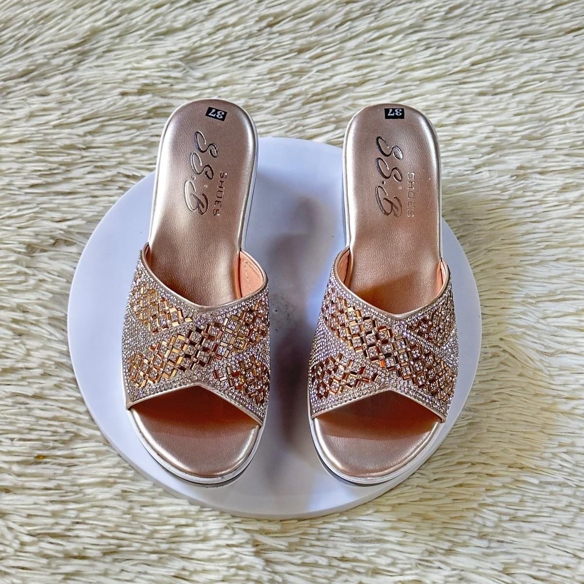 Dép nữ trung niên đế xuồng,quai bản đính xoàn đá, đế đúc cao gót 6cm nhẹ, êm chân dễ phối đồ-T24