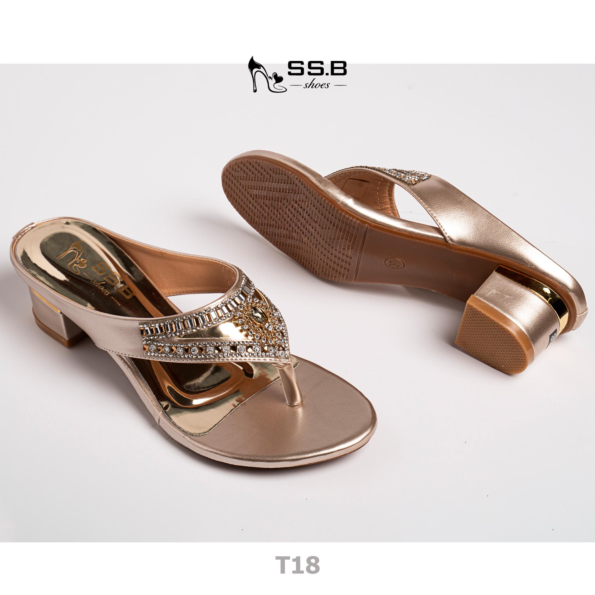 Dép nữ trung niên cao gót,quai kẹp đính xoàn đá hình tam giác, gót cuộn viền đồng cao 4 cm-T18