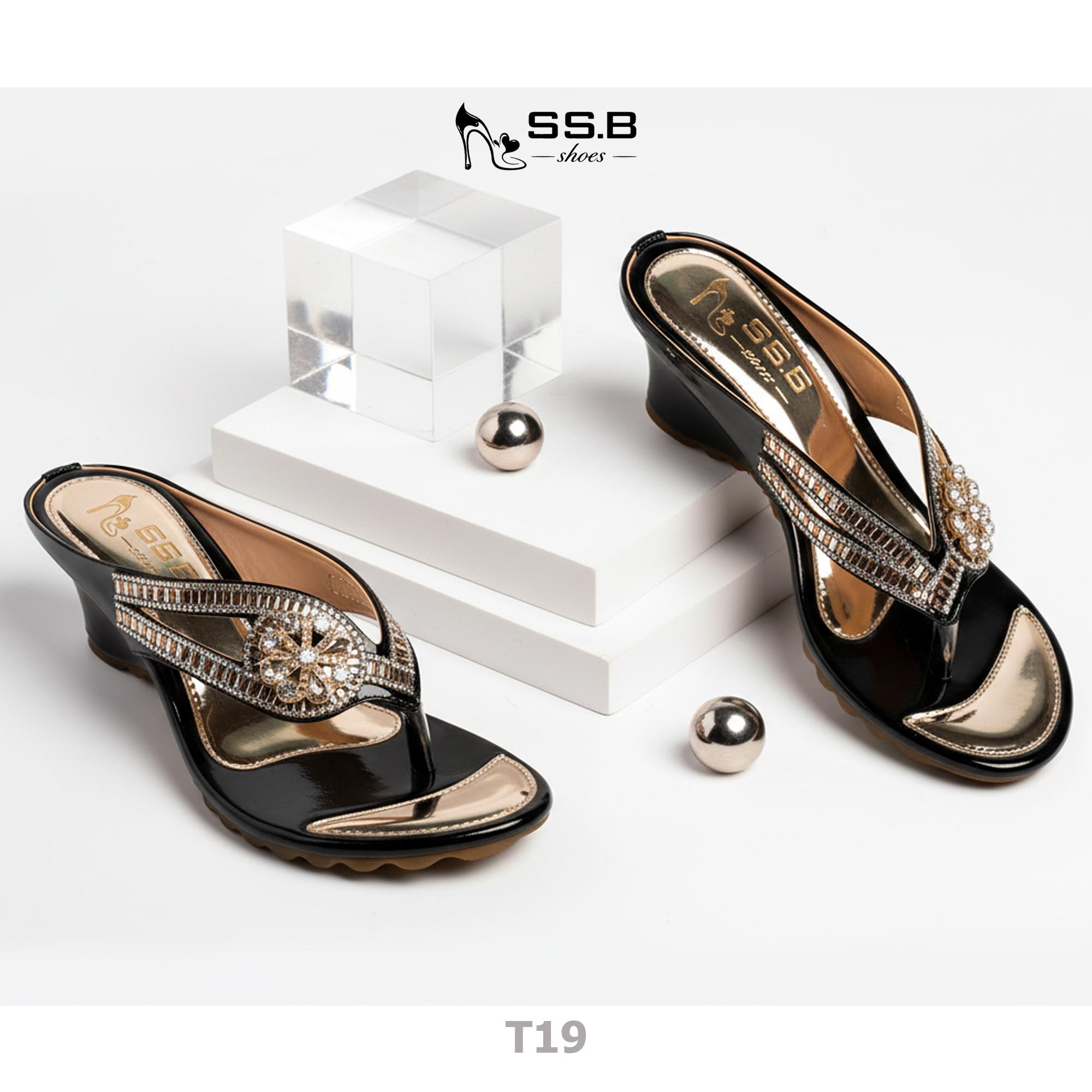 Dép nữ trung niên quai kẹp, đính đá sang trọng, vế dài chùm hậu, gót xuồng cao 5cm-T19