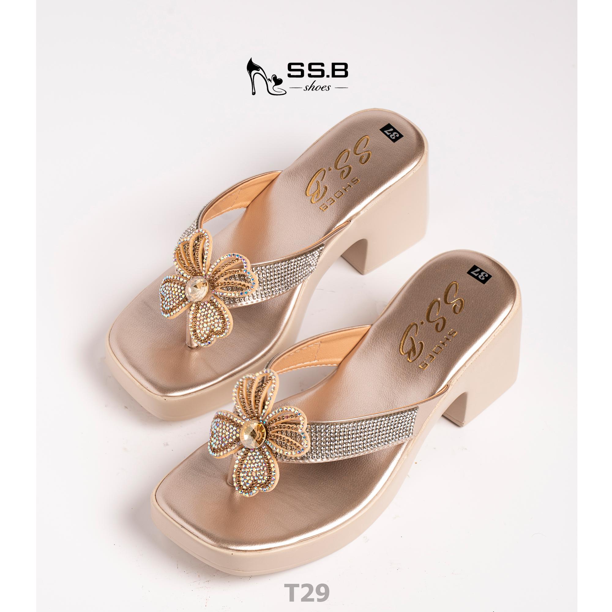 Dép nữ trung niên đế xuồng quai kẹp, bông xoàn đá,đế êm chống trượt, cao 7cm tôn dáng-T29