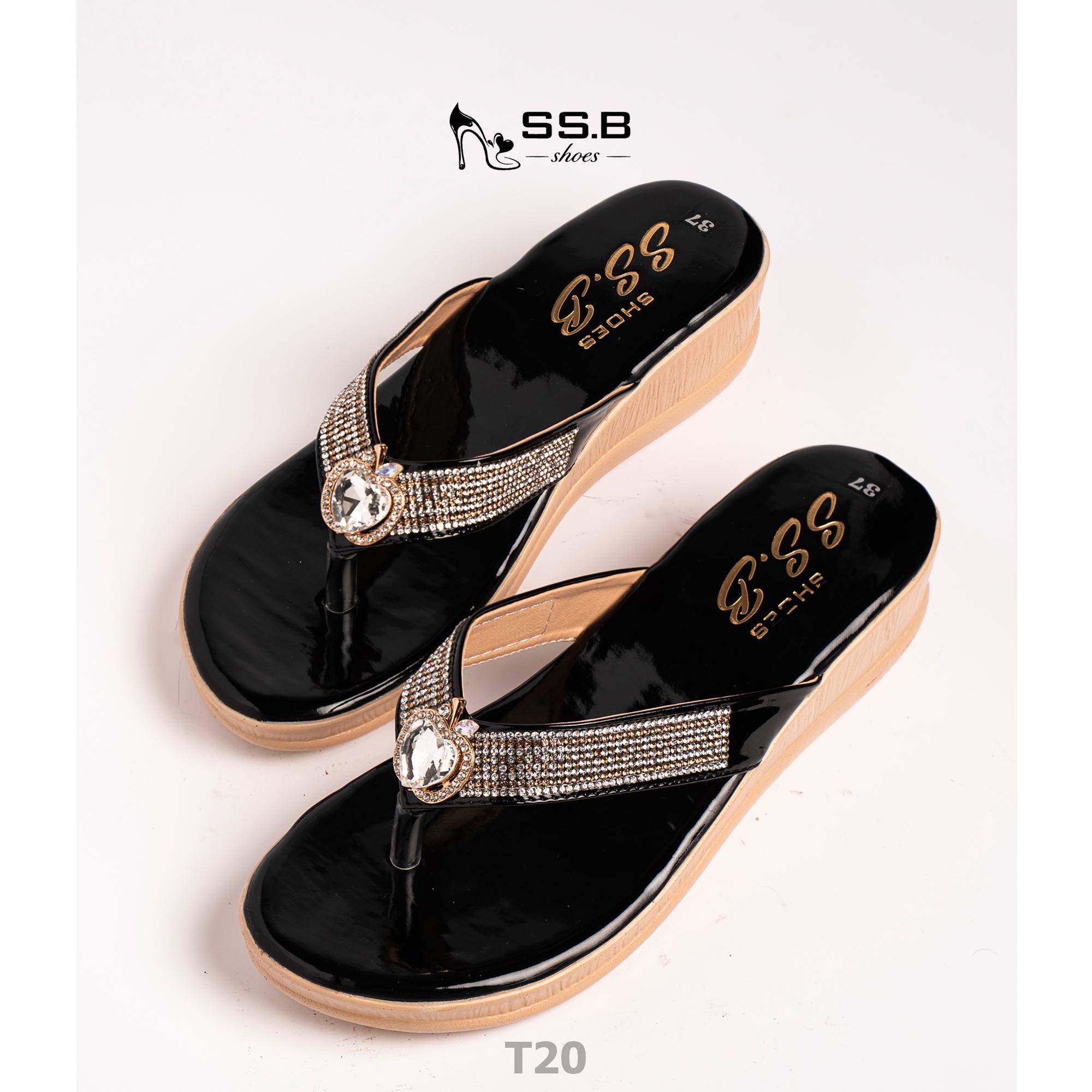 Dép nữ trung niên đế xuồng quai kẹp, đính xoàn đá, đế cao 5 cm êm nhẹ không trơn trượt-T20