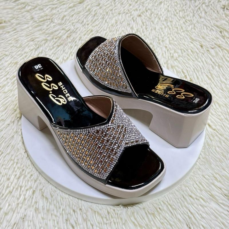 Dép nữ trung niên đế xuồng quai bản đính đá cao cấp, đế cao 7cm êm nhẹ, chống trượt-T25