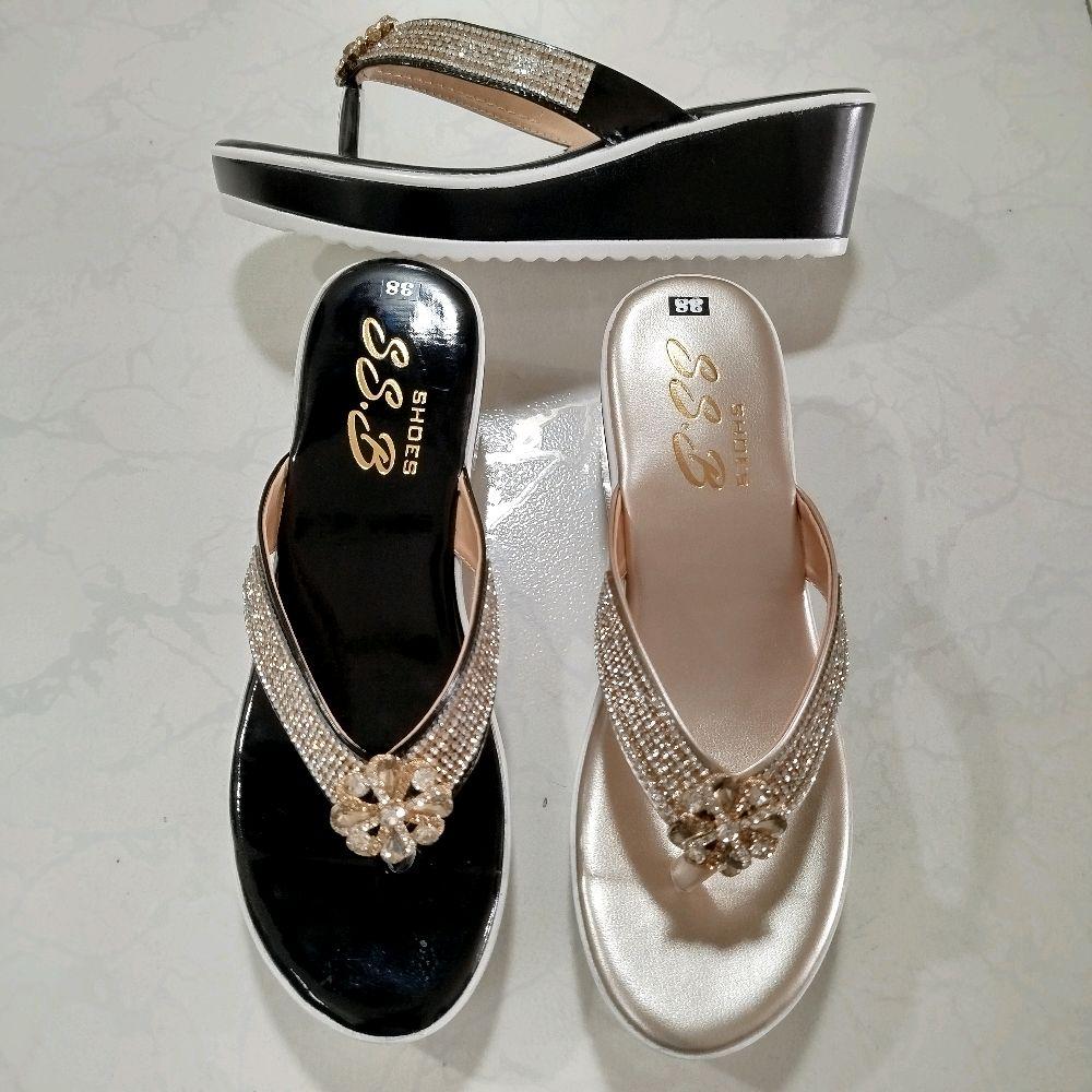 Dép nữ trung niên đế xuồng quai kẹp xoàn, đính đá giọt nước, đế đúc cao 6cm-T23