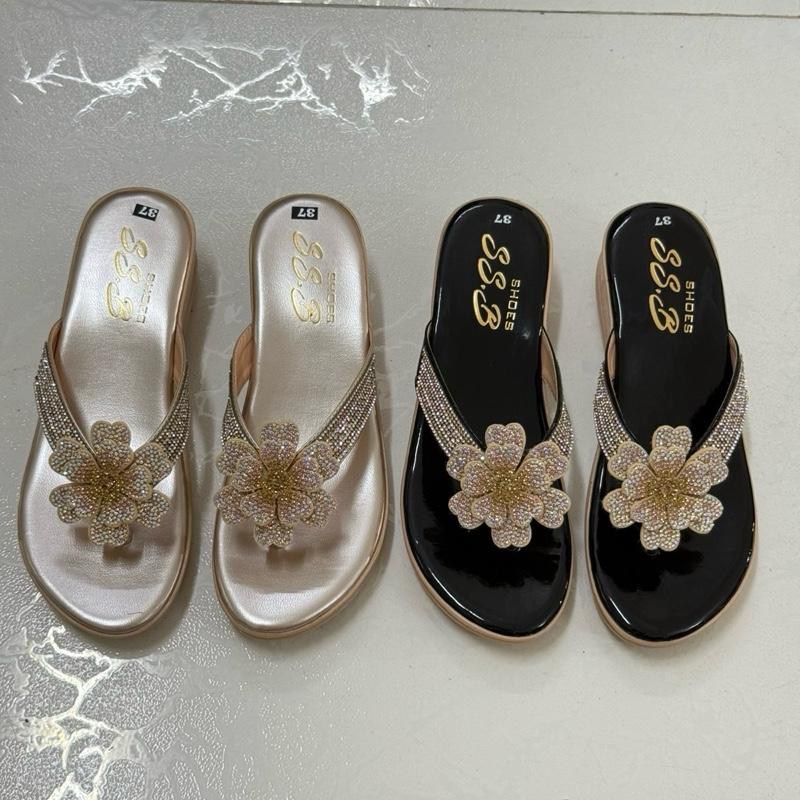 Dép nữ trung niên đế xuồng quai kẹp đính bông xinh, đế xuồng bánh mì cao 5cm, nhẹ êm-T28