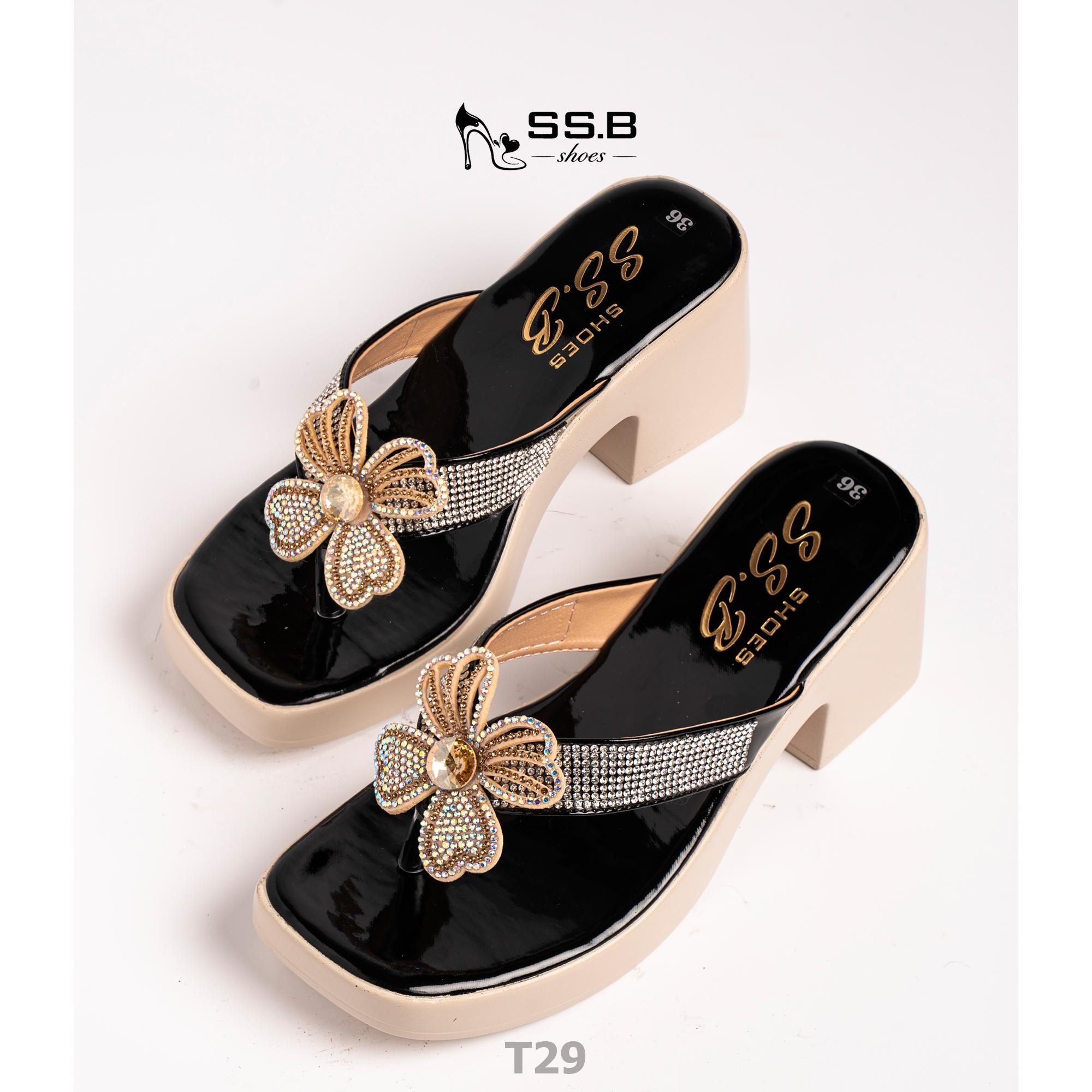 Dép nữ trung niên đế xuồng quai kẹp, bông xoàn đá,đế êm chống trượt, cao 7cm tôn dáng-T29