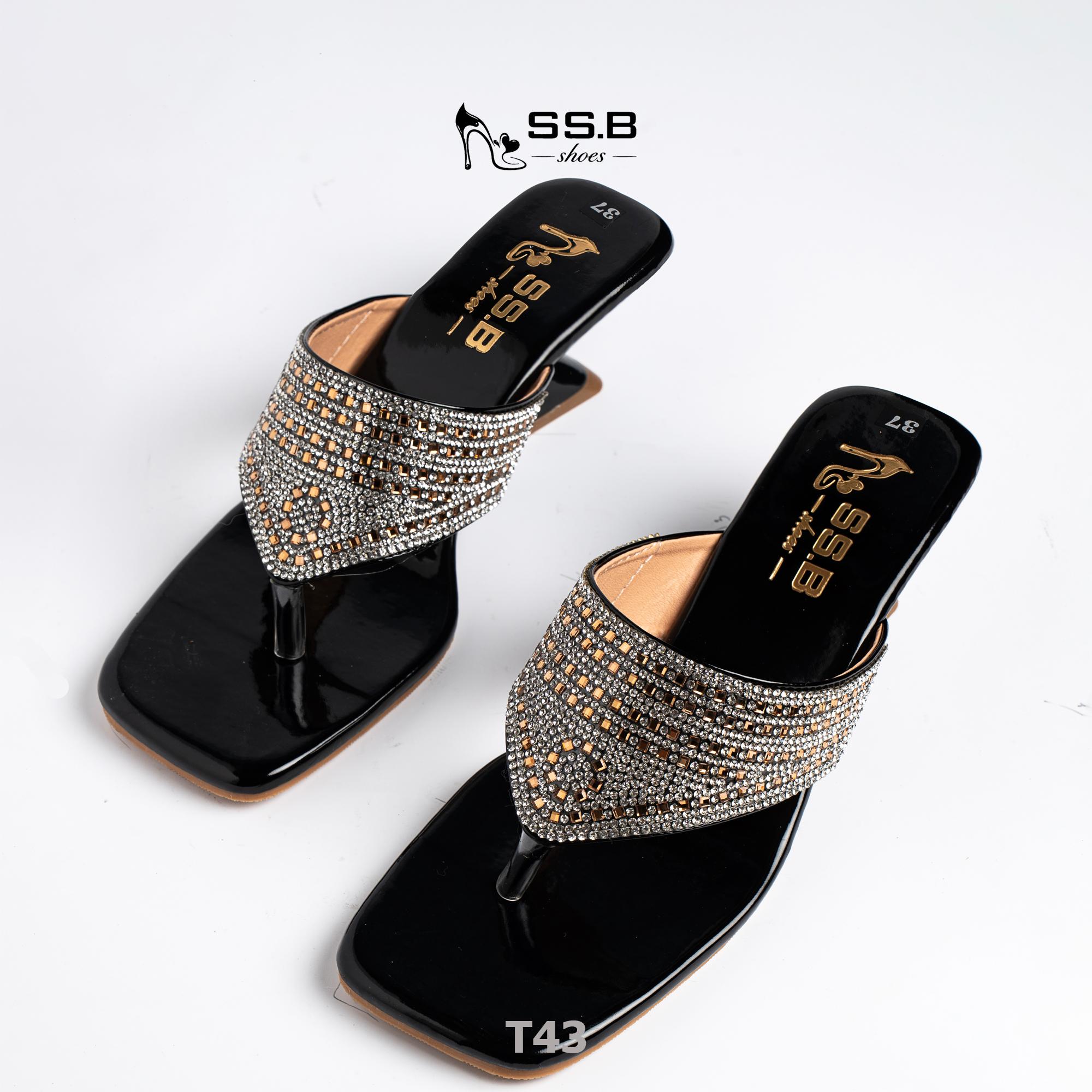Dép nữ trung niên quai kẹp xoàn mũi vuông gót xuồng sơn 5cm sang trọng - mã T43